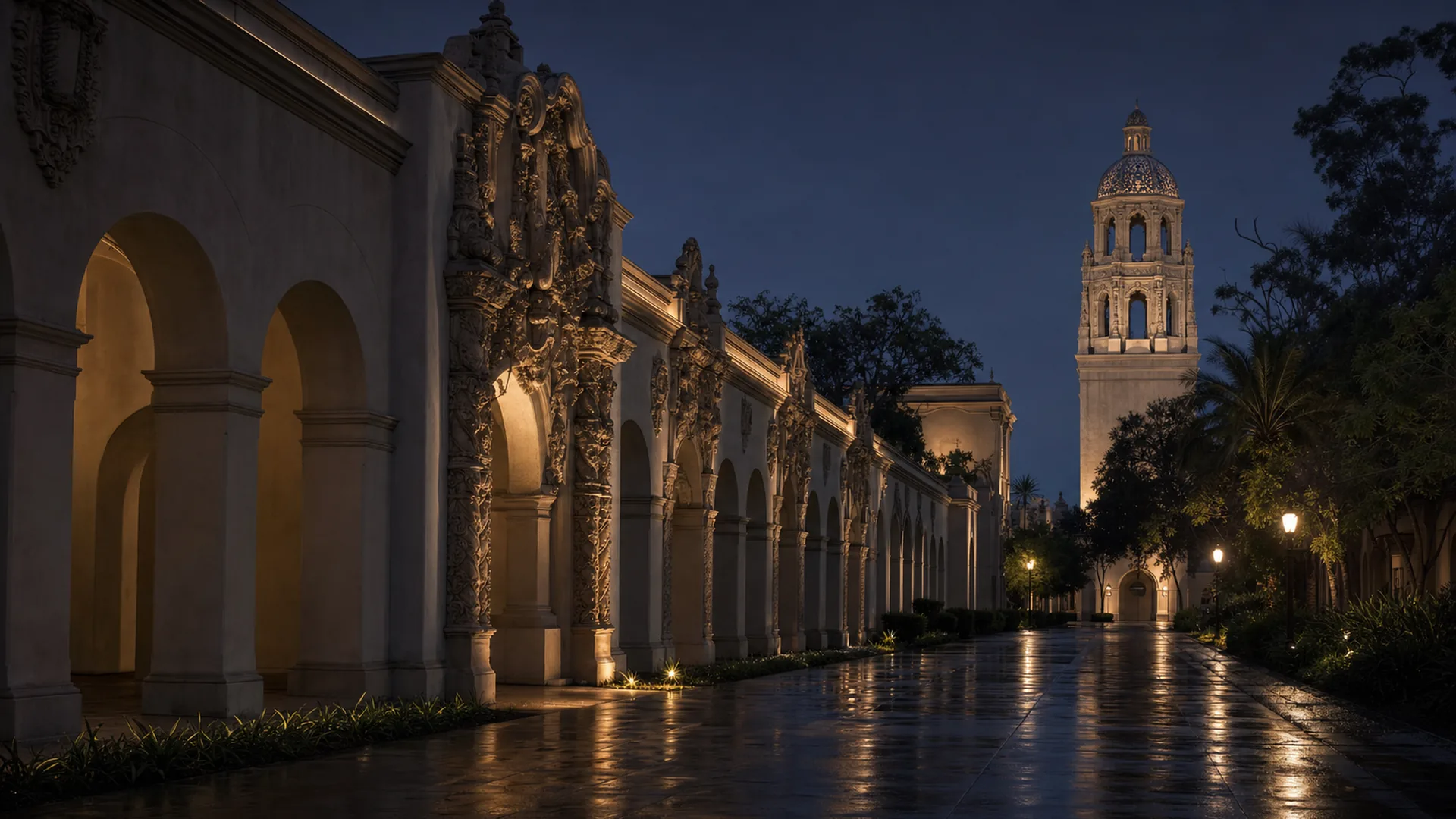 El Prado passes ornate Spanish Colonial Revival arcades with the California Tower beyond at blue hour.