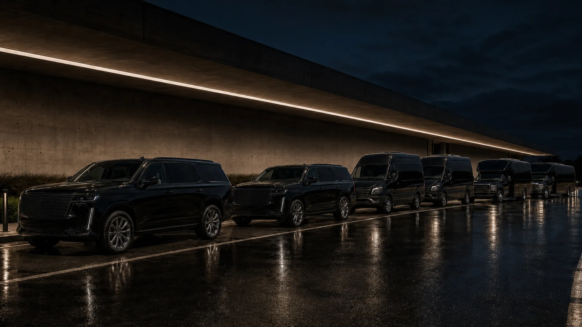 Six black vehicles, two Cadillac Escalades, two Mercedes-Benz Sprinter vans and two Ford F-550 mini-coaches, lined up nose-out at a kerb at night in the rain.
