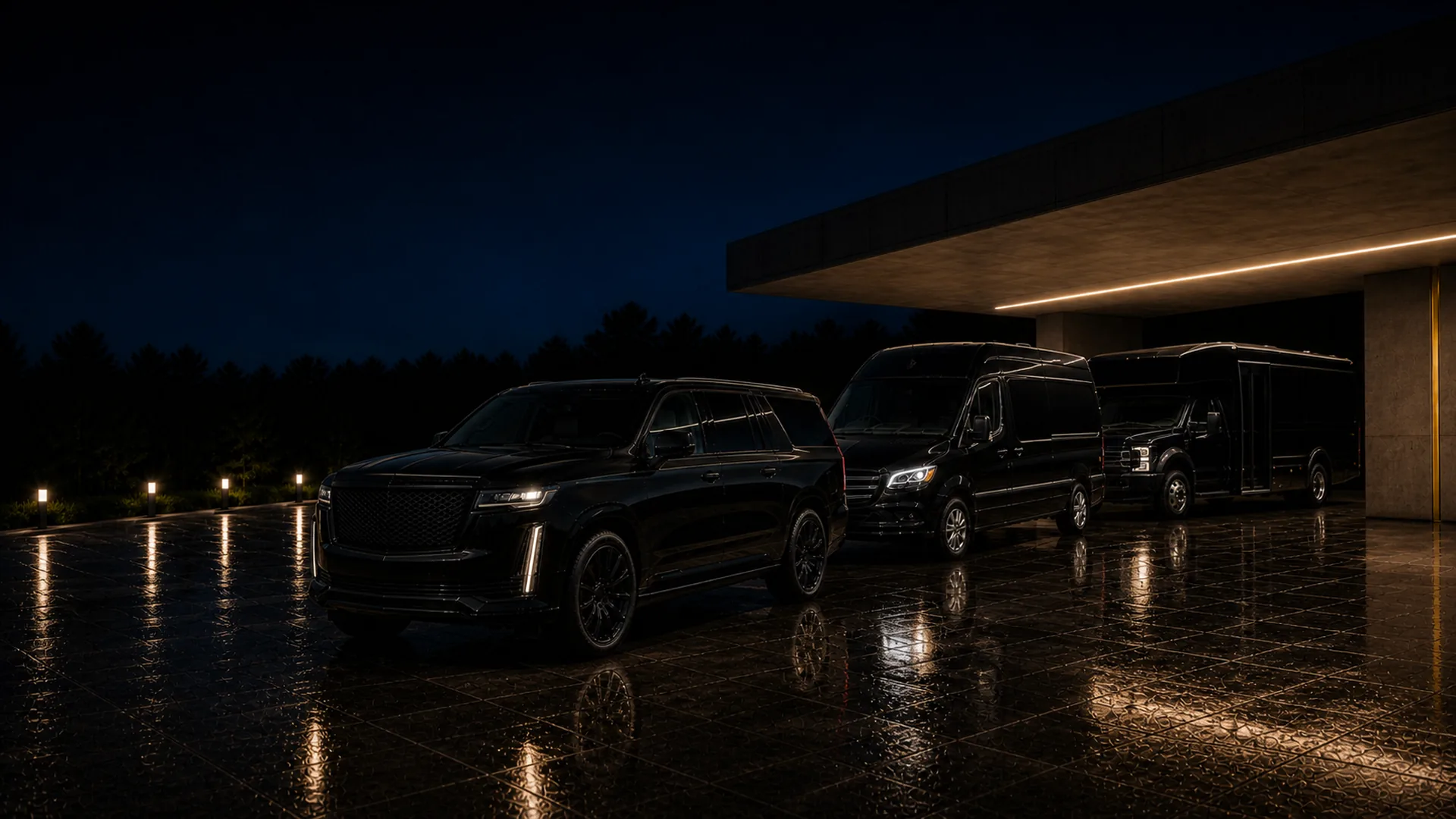 A black Cadillac Escalade, Mercedes-Benz Sprinter van, and Ford F-550 mini-coach staggered on a wet, reflective forecourt at night.