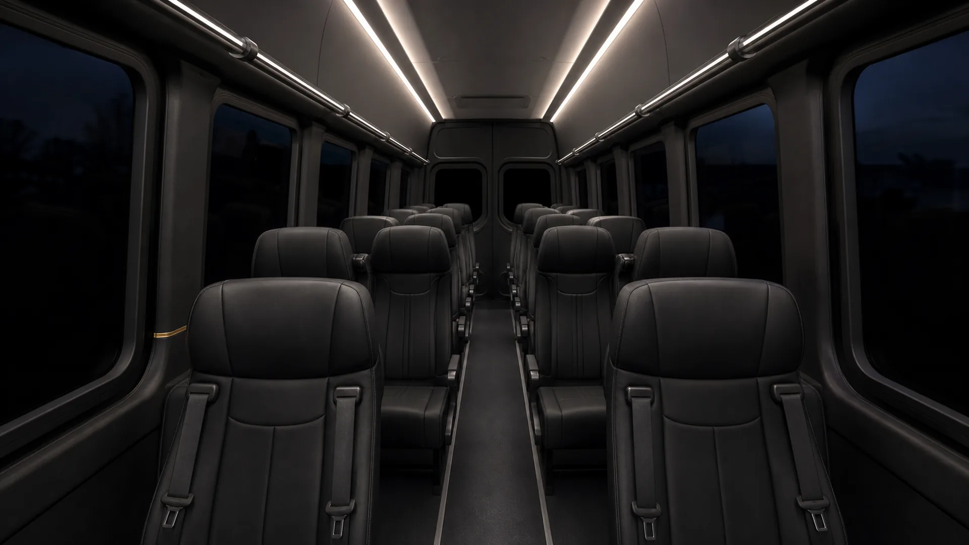 Rows of black leather passenger seats line both sides of the center aisle in a high-roof van, warm LED lighting running along the ceiling.
