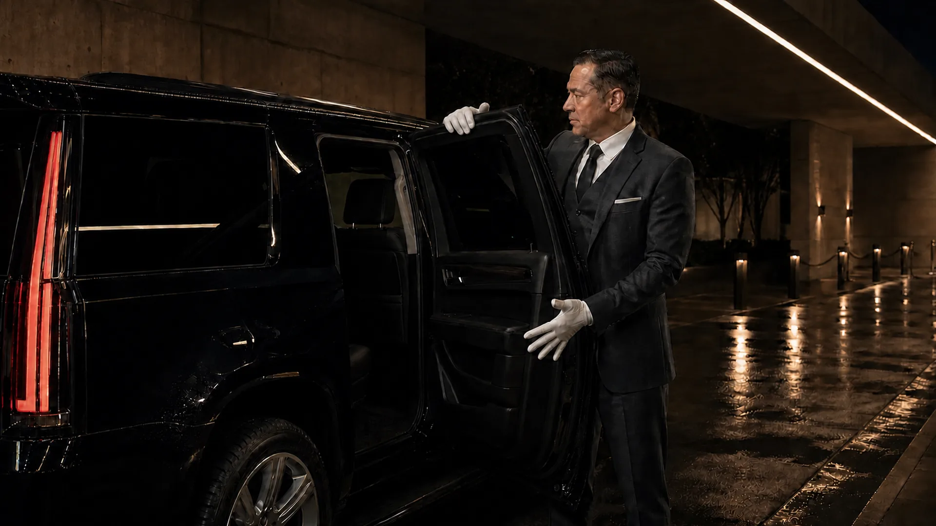 A chauffeur in a three-piece suit and white gloves holds open the rear door of a black Cadillac Escalade ESV under a covered drive at night.