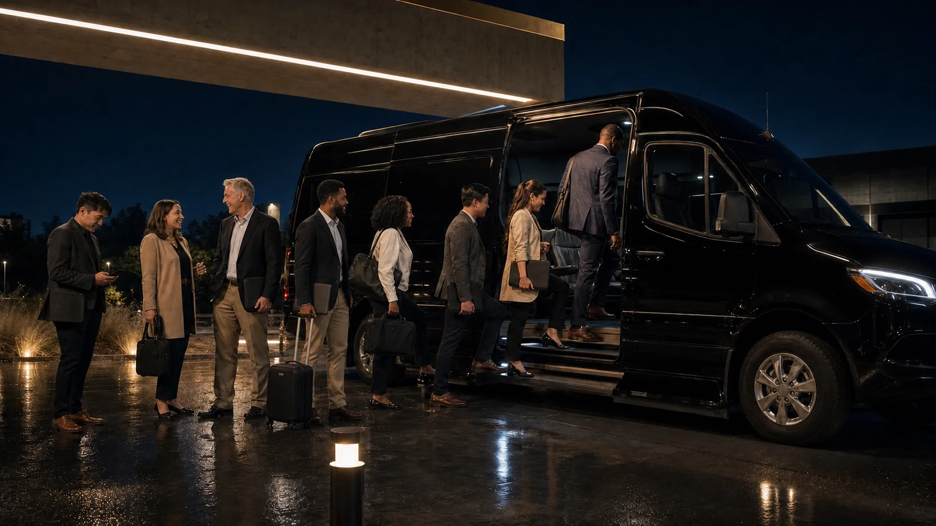 A group of colleagues with briefcases and rolling luggage board a black Mercedes-Benz Sprinter van at night.