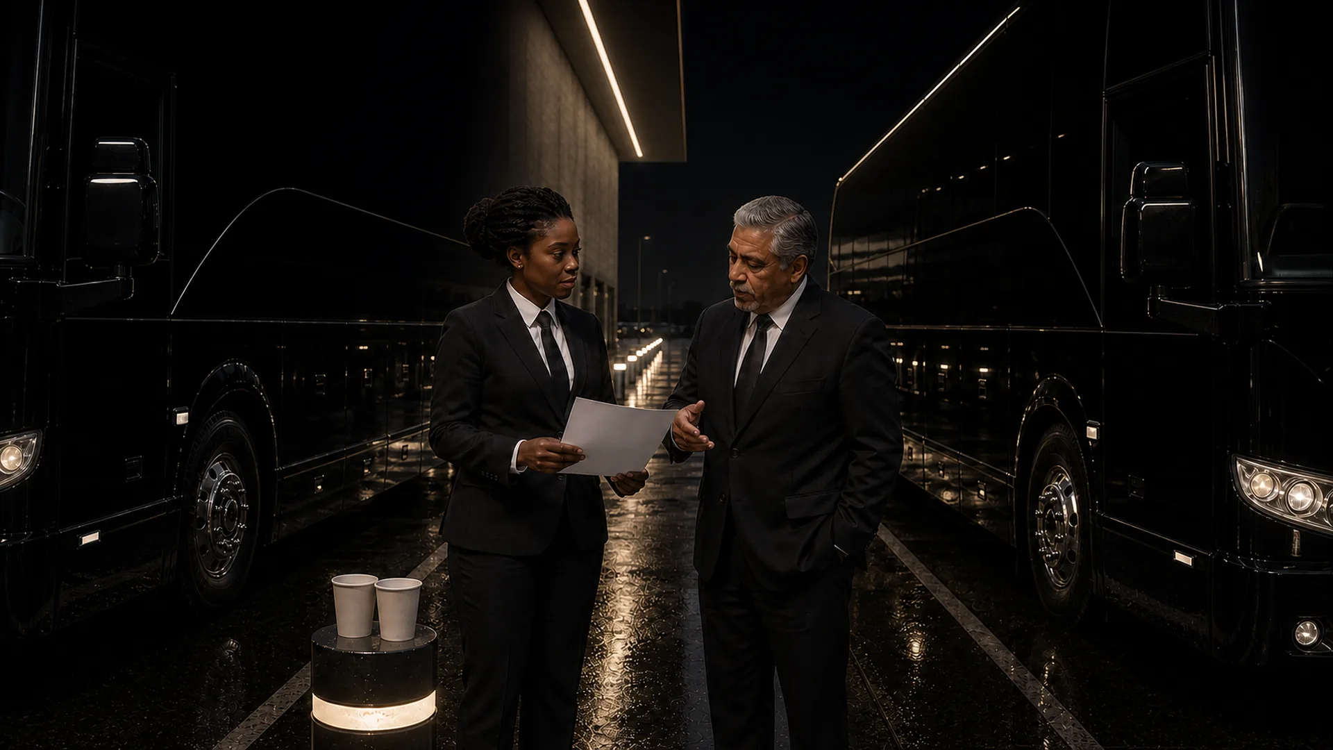Two staff members review a printed page between two black motorcoaches, with coffee cups on a stand nearby.