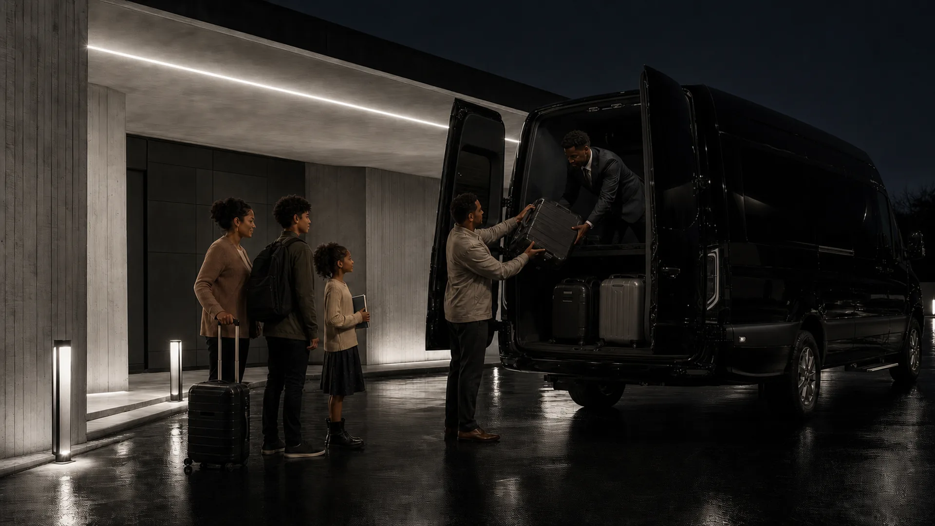 A family stands with luggage as a driver loads a suitcase into a black Mercedes-Benz Sprinter van at night.