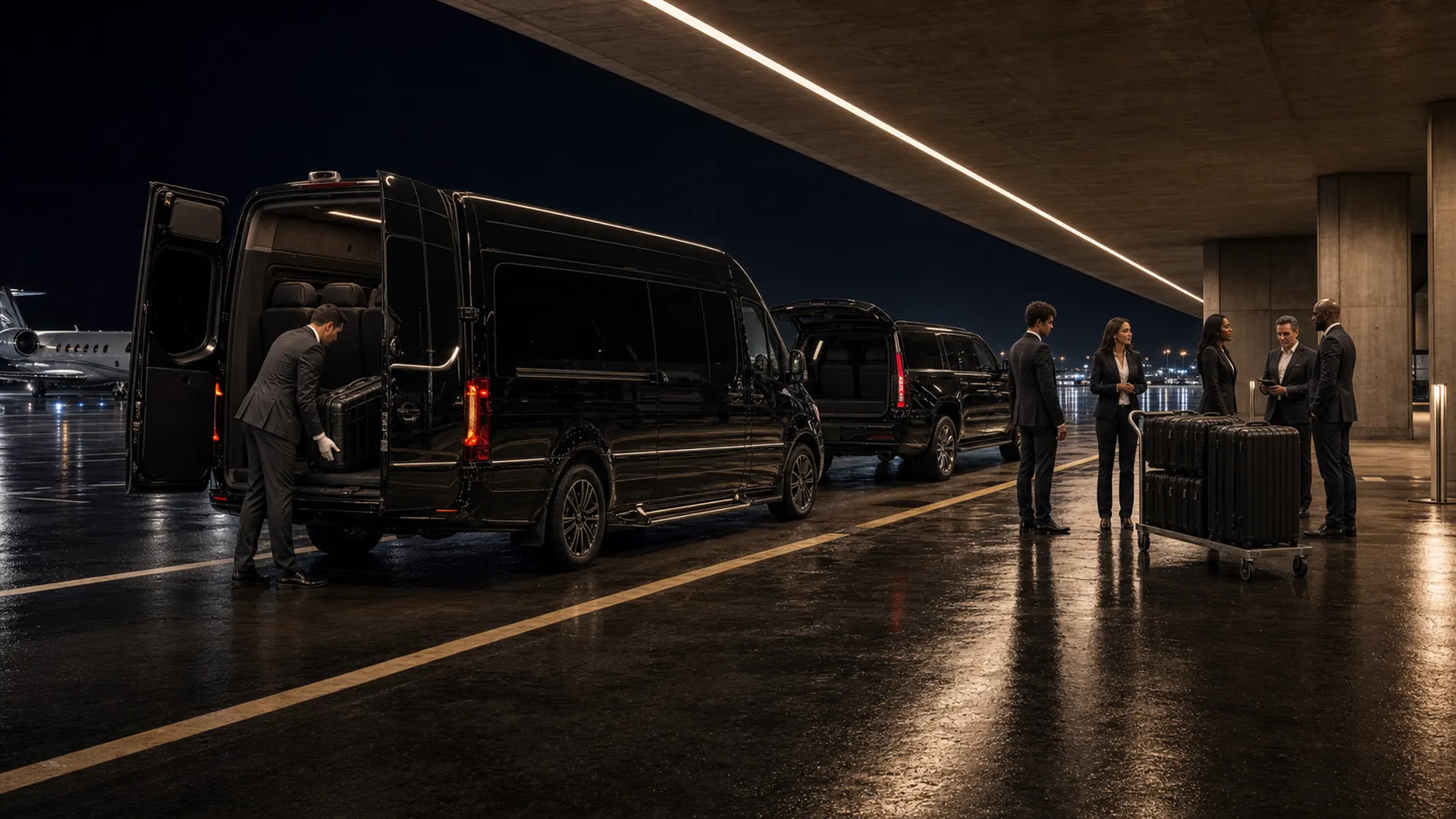 A chauffeur loads luggage into a black Mercedes-Benz Sprinter van parked beside a Cadillac Escalade, with a private jet and waiting travelers on a night tarmac.