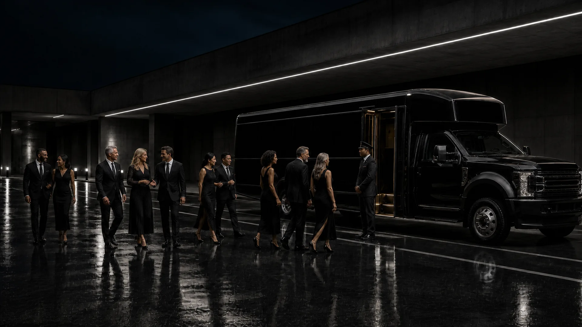 Guests in black cocktail attire walk toward a black Ford F-550 mini-coach in a dim garage at night, a driver waiting by the door.