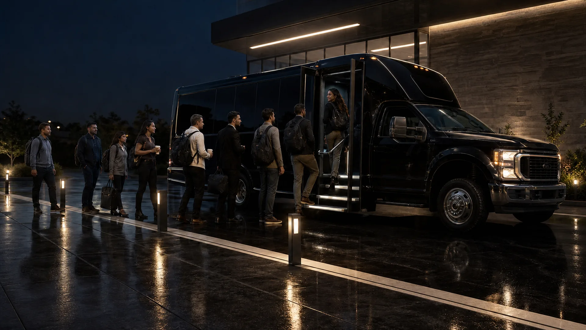Employees with backpacks queue in the rain to board a black Ford F-550 mini-coach outside an office building at night.