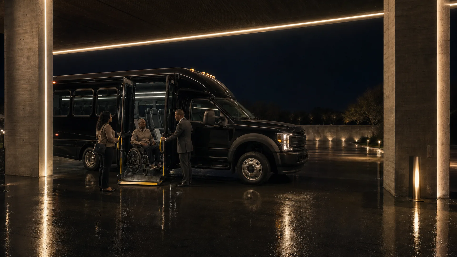A driver and a companion assist a man in a wheelchair up the ramp of a black Ford F-550 accessible shuttle bus at night.