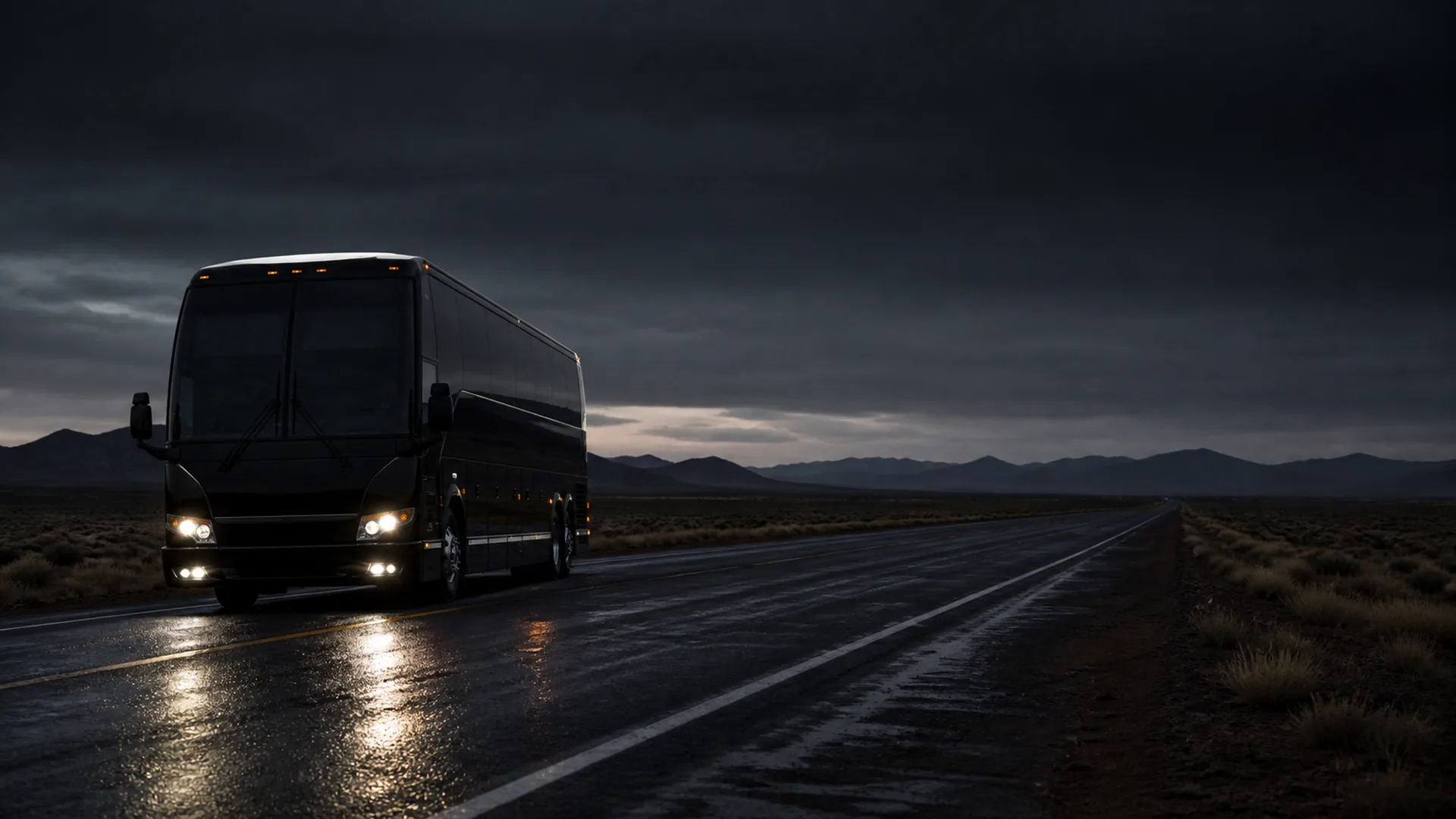 A black motorcoach with headlights on travels a wet two-lane highway through desert scrubland at dusk, mountains silhouetted under a stormy sky.