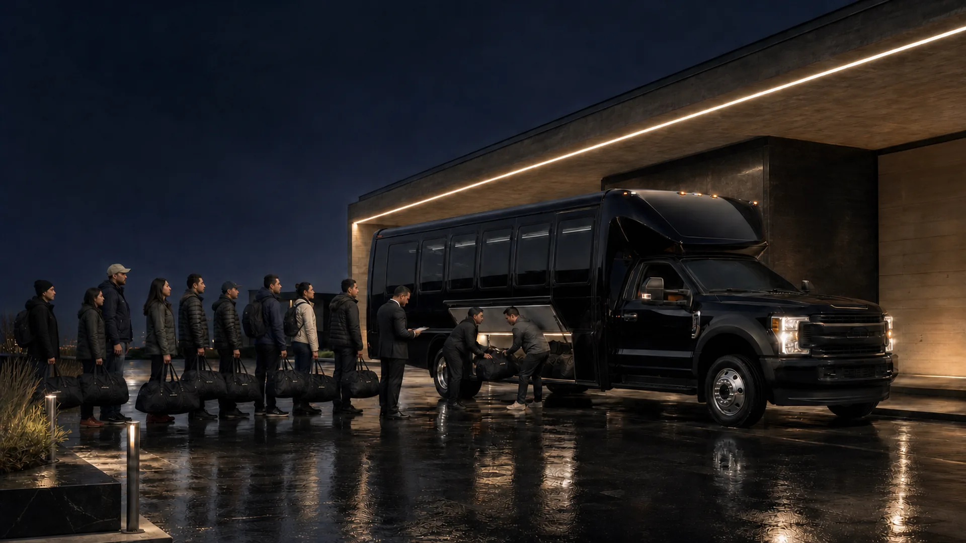 Passengers with duffel bags line up at night beside a black Ford mini-coach while staff load luggage and check a list under a lit building overhang.