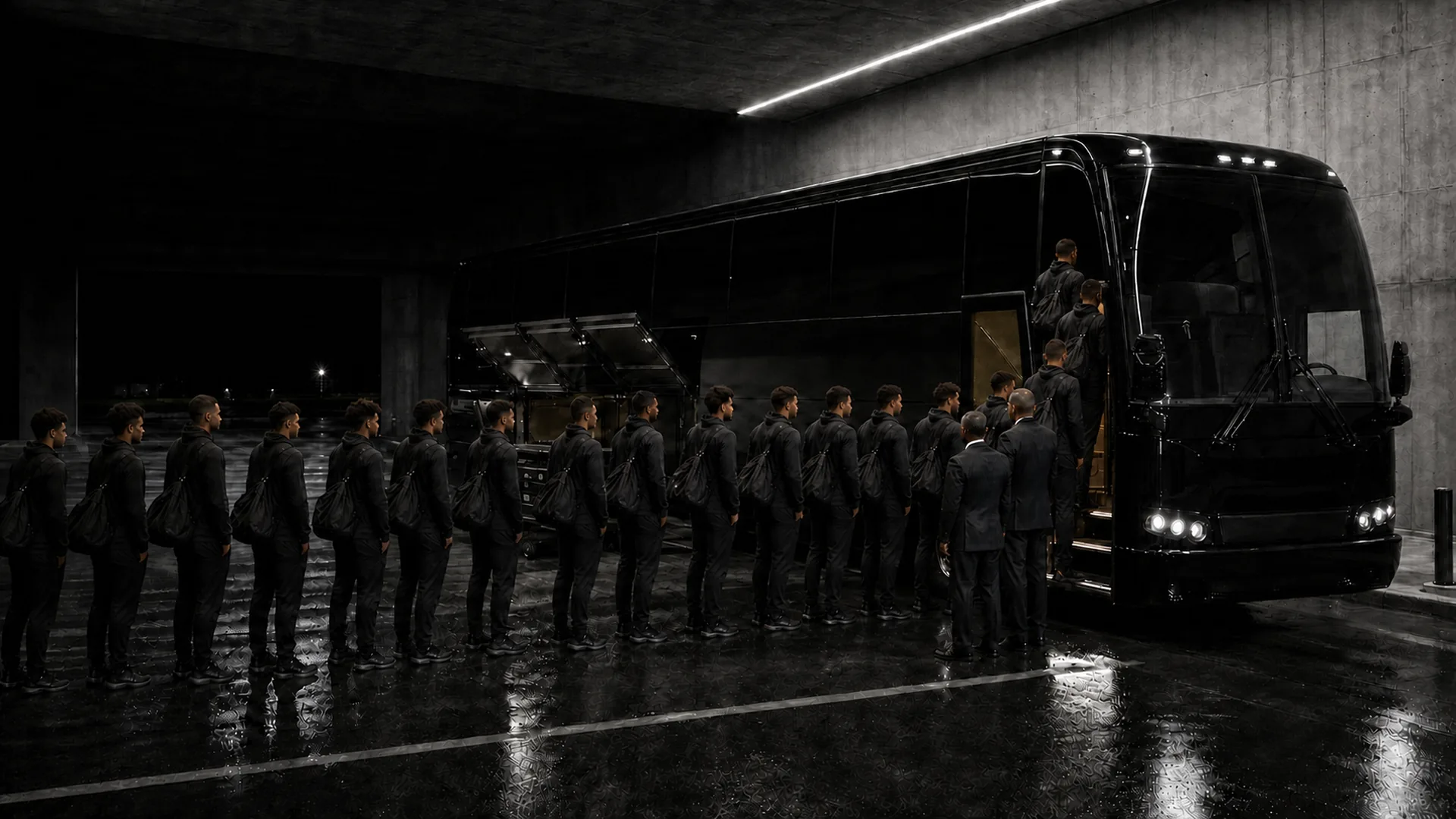Athletes with bags line up to board a black motorcoach under a parking garage at night, staff waiting near the door.