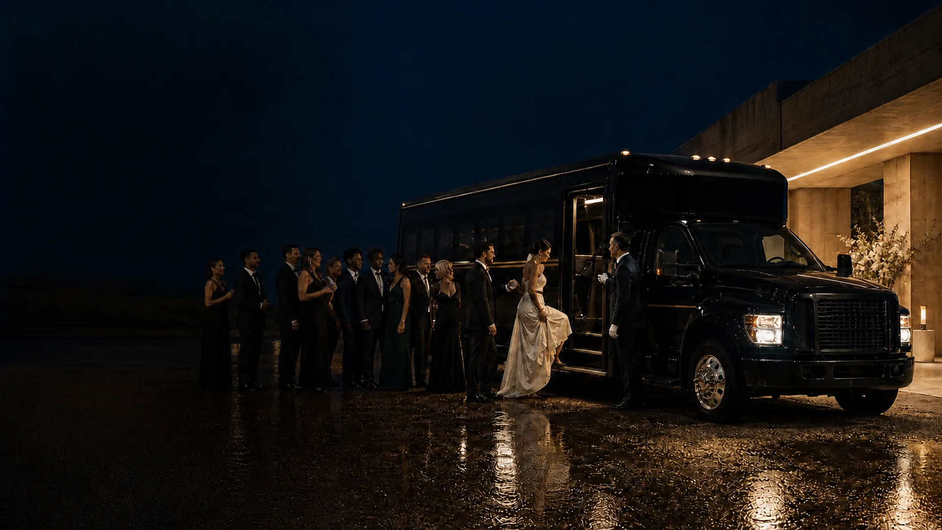 A bride in a white gown boards a black mini-coach bus assisted by a chauffeur, with formally dressed wedding guests waiting on a wet forecourt at night.