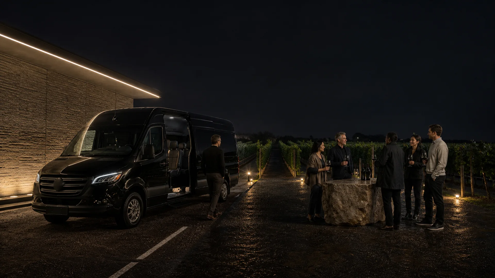 Five people holding wine glasses gather at a stone table beside vineyard rows at night, near a black Mercedes-Benz Sprinter van with its door open.